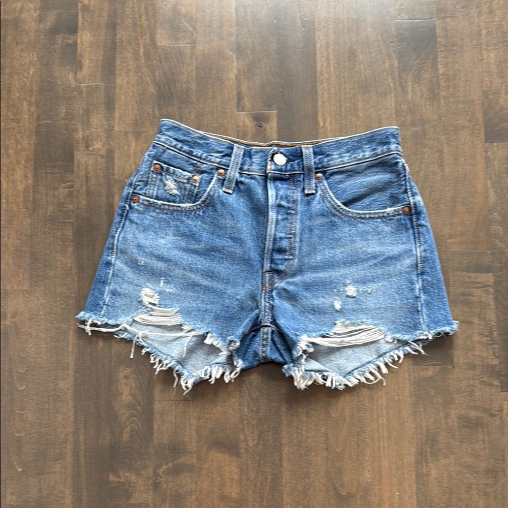 High-Waisted Blue Distressed Jean Shorts